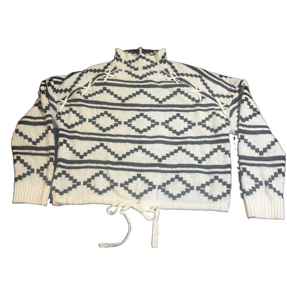 Southwest Print Soft Cropped Sweater In Cream/black Size XXL Boho Chic Cowgirl